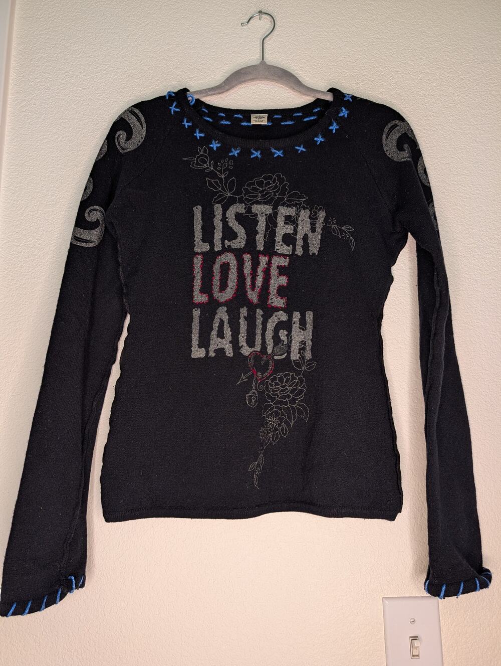 prAna Women's Hand Stitched 'Listen Love Laugh' Sweater L Yoga Athleisure Chic